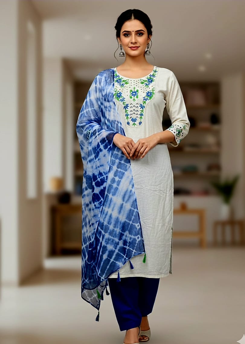 unstitched Three Piece  কামিজ সফট সেলাপ কটন  গলা এবং হাতা ম্যানুয়াল এমব্রয়ডারি কাজ করা   ওড়না বাটিক শিফন জর্জেট  ৫ হাত সালোয়ার বাটার সিল্ক  ২.৫ গজ